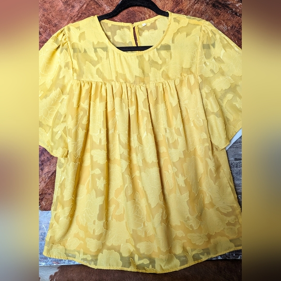 Mustard Yellow Lace With Lining Ruffled Blouse W Keyhole Opening in Back - Picture 6 of 15